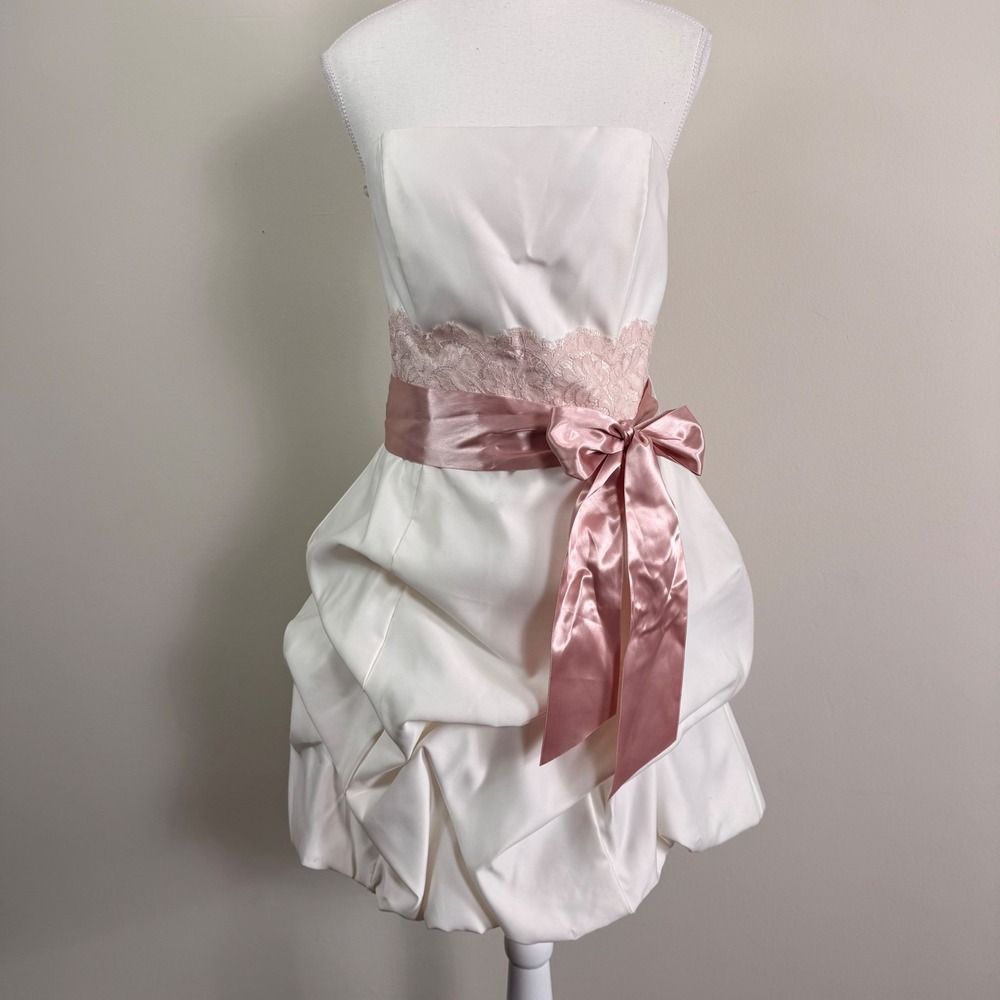 Jessica McClintock Gunne Sax Strapless Bubble Hem Mini Dress Ivory Pink Size 11